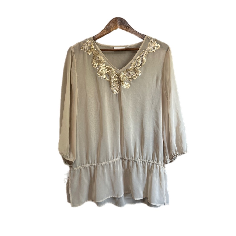 Chico's Sequin Embellished Chiffon Blouse Women Medium Tan Gold Excellent Boho